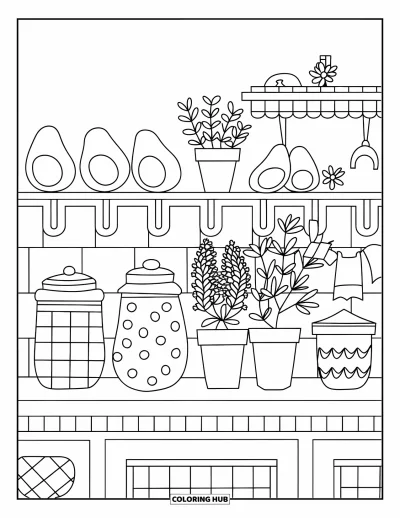 Coloriage d'avocat pour enfants : Une étagère de cuisine remplie d'avocats, de bocaux et de jolis détails