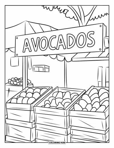 Coloriage d'avocat pour enfants : Un étal de marché plein d'avocats entiers et coupés sous une enseigne