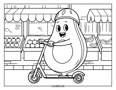 Coloriage d'avocat pour enfants : Un avocat à scooter qui passe devant un marché de fruits animé avec le sourire