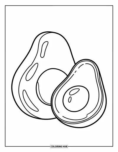 Coloriage d'avocat pour enfants : Des avocats entiers et tranchés côte à côte avec des formes ludiques et bien marquées