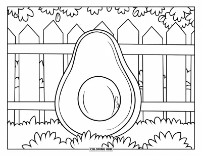 Coloriage d'avocat pour enfants : Un avocat souriant qui se cache derrière une clôture blanche dans un jardin verdoyant