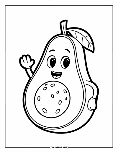Coloriage d'avocat pour enfants : Un avocat souriant avec un gros noyau qui fait signe de la main