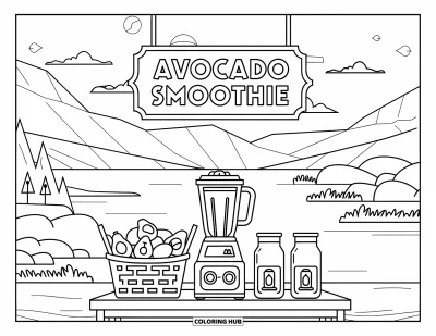 Coloriage d'avocat pour enfants : Un stand de smoothies avec des avocats, des bocaux, des mixeurs et une enseigne au-dessus
