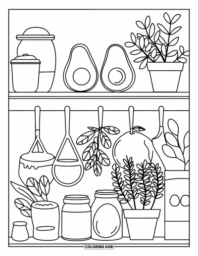 Coloriage d'avocat pour enfants : Une étagère élégante avec des avocats, des bocaux et des herbes dans une cuisine moderne