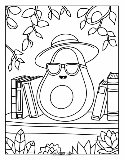 Coloriage d'avocat pour enfants : Un avocat avec des lunettes de soleil qui se repose dans un coin de jardin avec des livres