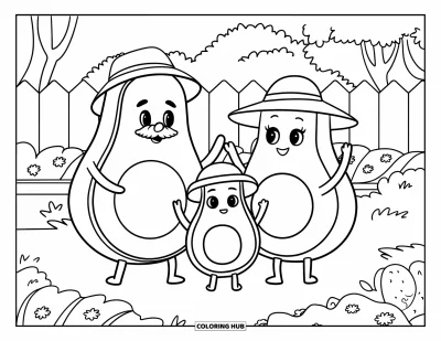 Coloriage d'avocat pour enfants : Trois avocats coiffés de chapeaux qui jouent et se détendent dans un jardin plein de plantes