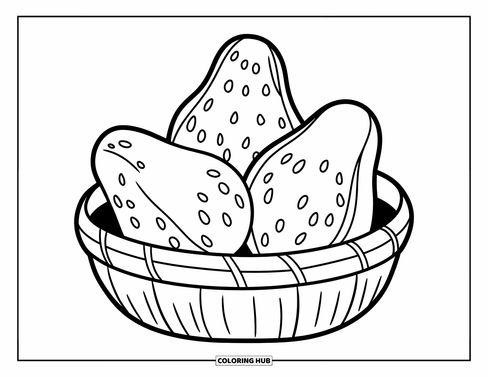 Avocado Coloring Page for Kids: Three avocados sitting in a basket with thick, simple outlines