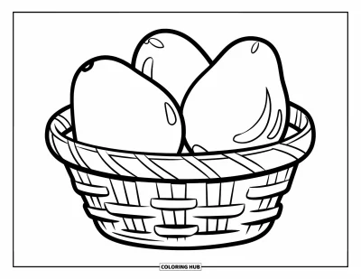 Coloriage d'avocat pour enfants : Trois grands avocats dans un panier sur fond blanc