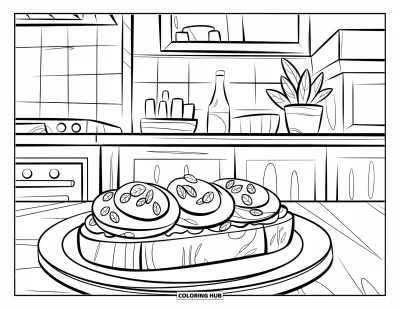 Coloriage d'avocat pour enfants : Du pain grillé garni d'avocat, d'œufs et d'herbes dans une cuisine carrelée