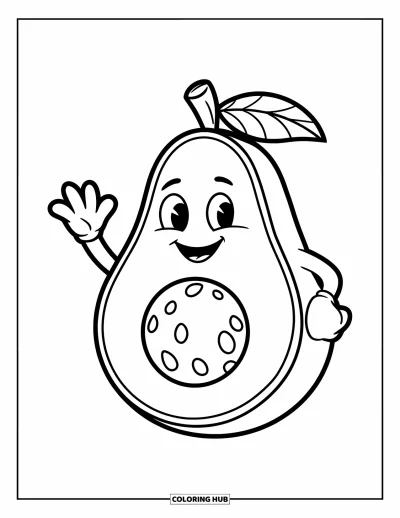 Coloriage d'avocat pour enfants : Un avocat qui fait signe avec une feuille sur la tête et un grand sourire