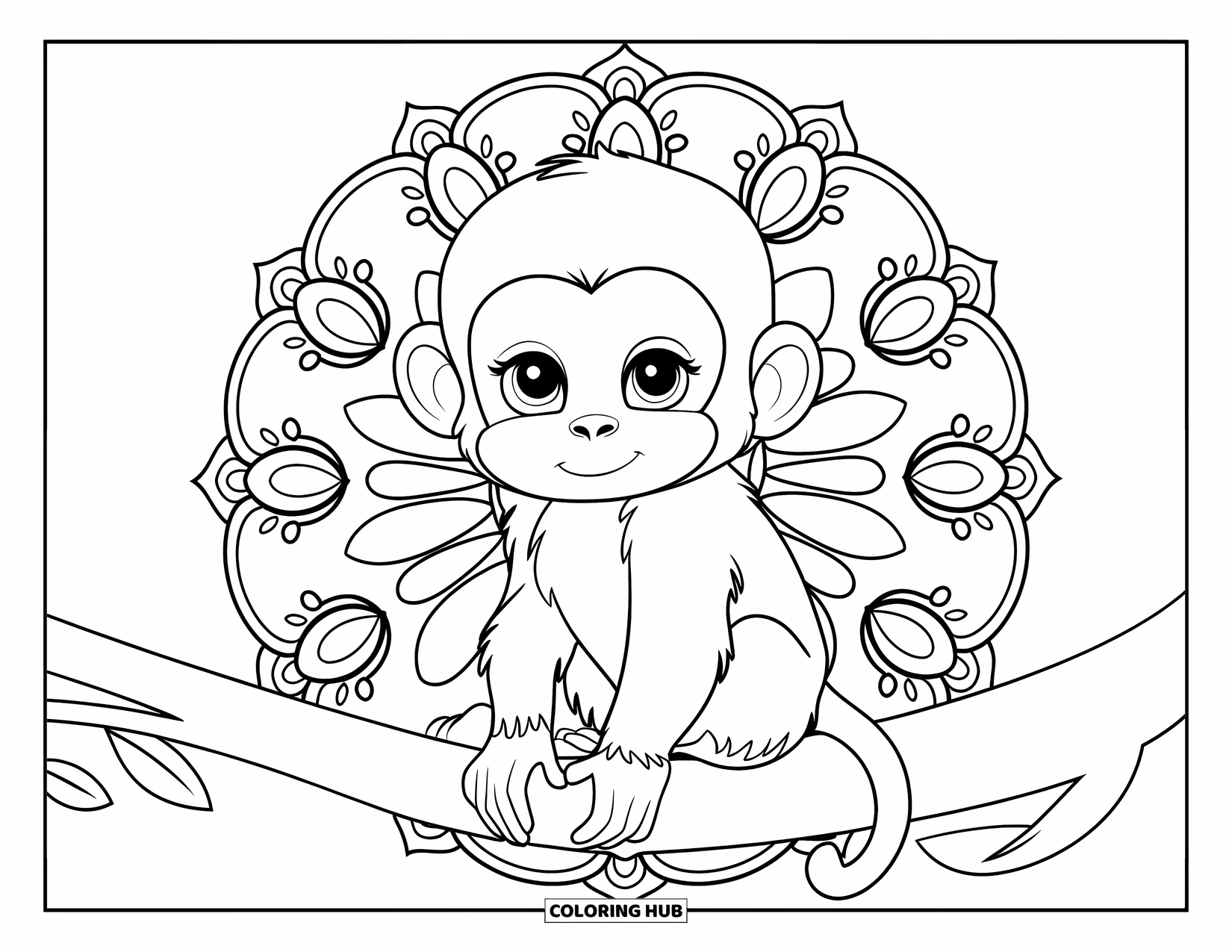 Baby Monkey Coloring Page for Adults: A baby monkey gazes softly while sitting on a tree branch framed by floral mandalas