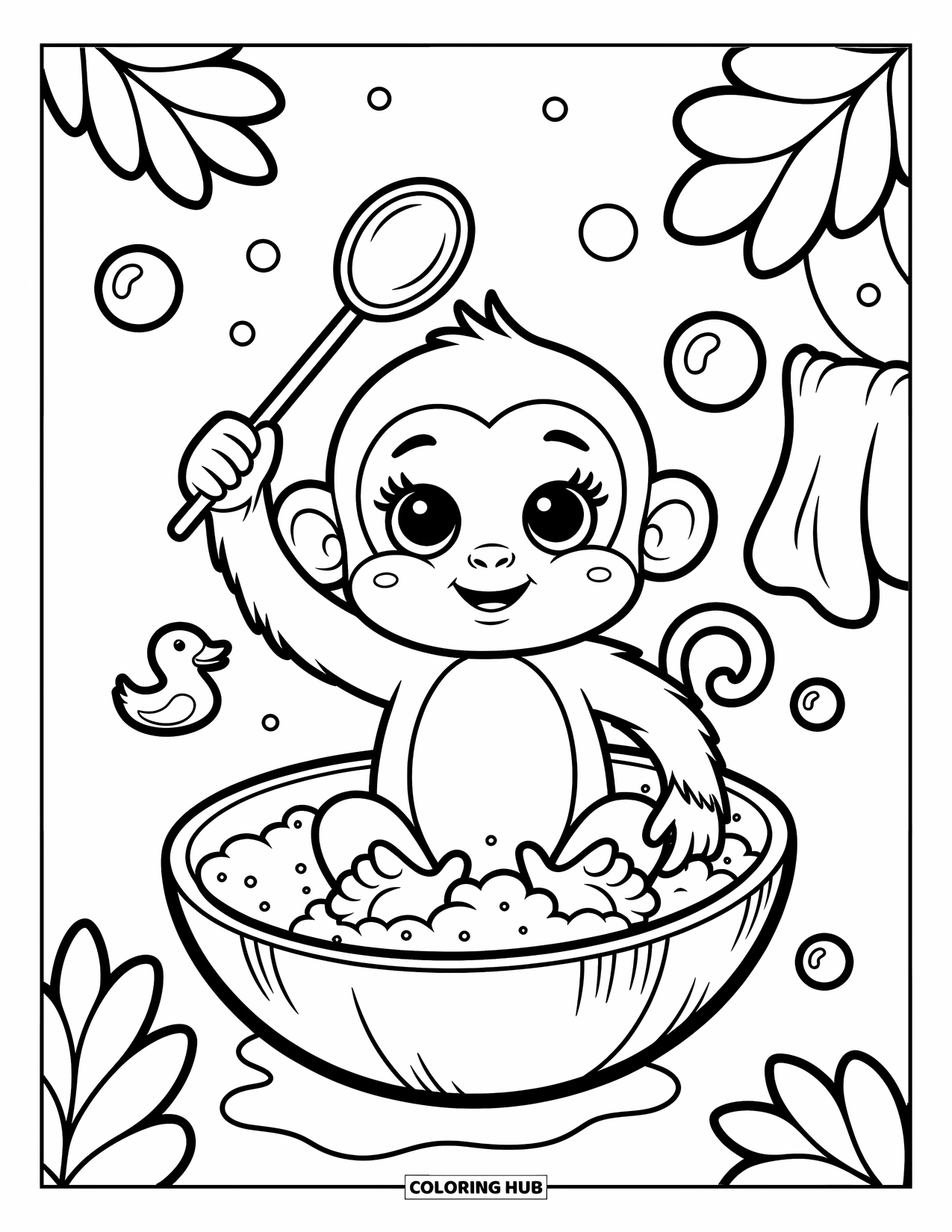 Baby Monkey Coloring Page for Adults: A baby monkey in foamy coconut water holds a bubble wand with a duck nearby
