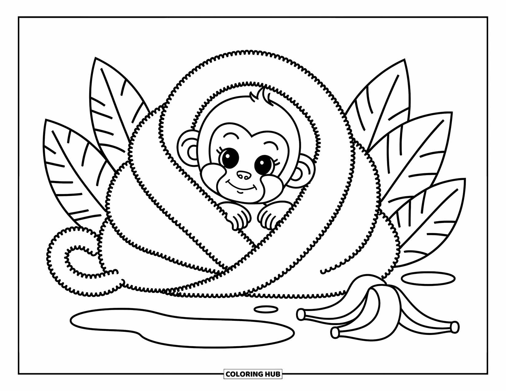 Baby Monkey Coloring Page for Adults: A baby monkey peeks from a banana leaf towel near water and a banana peel