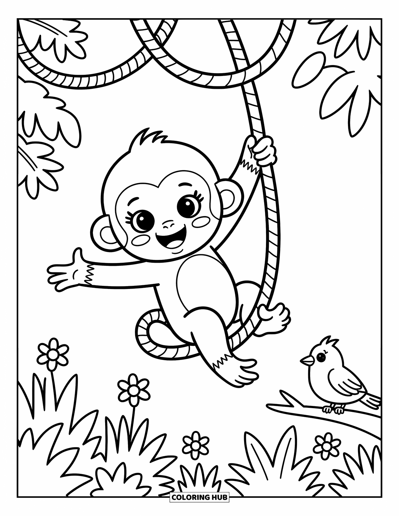 Baby Monkey Coloring Page for Adults: A baby monkey swings on a vine with flowers below and a curious bird watching