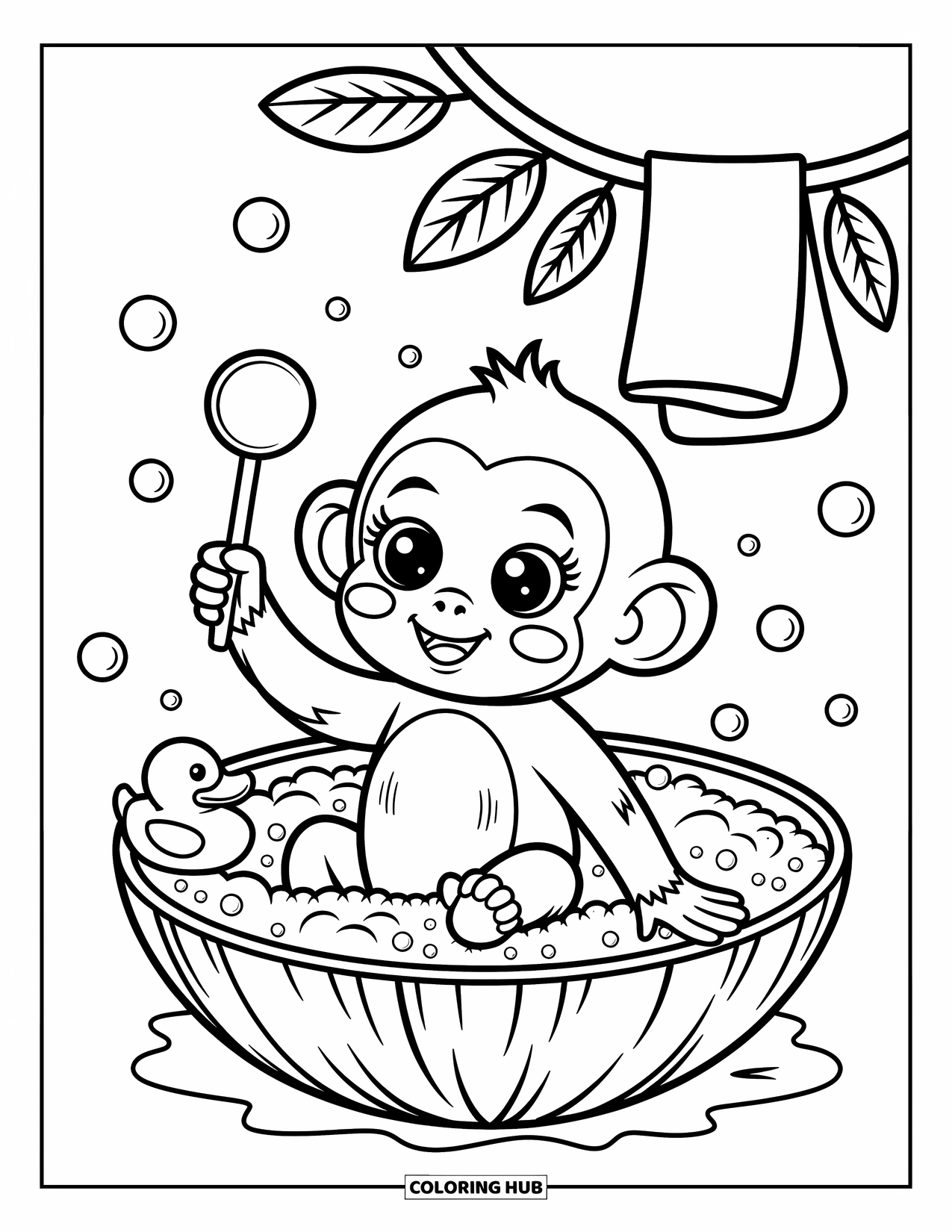 Baby Monkey Coloring Page for Adults: A bubbly monkey in a coconut shell plays with a rubber duck and bubbles