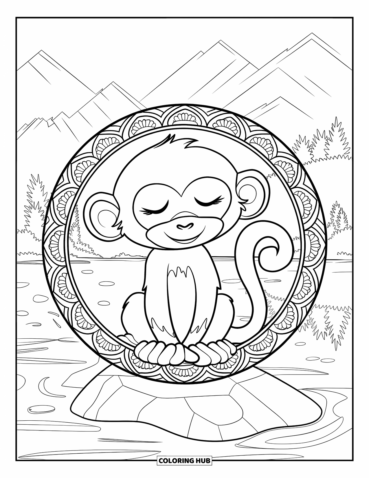 Baby Monkey Coloring Page for Adults: A calm monkey with a mandala tail sits quietly in a mountain landscape