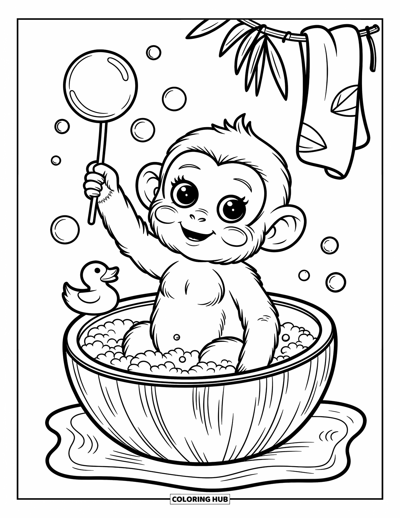Baby Monkey Coloring Page for Adults: A curious monkey in a coconut tub blows bubbles with a leaf towel hanging nearby