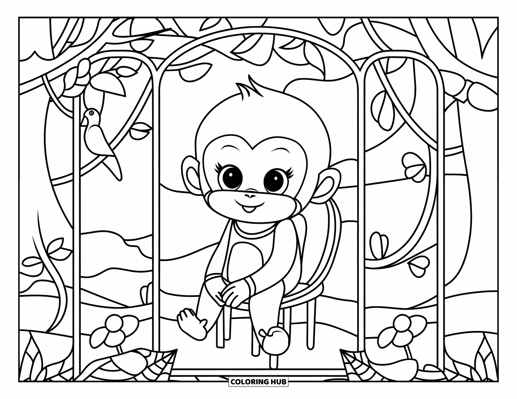 Baby Monkey Coloring Page for Adults: A monkey in an outfit sits on a chair among jungle trees and birds