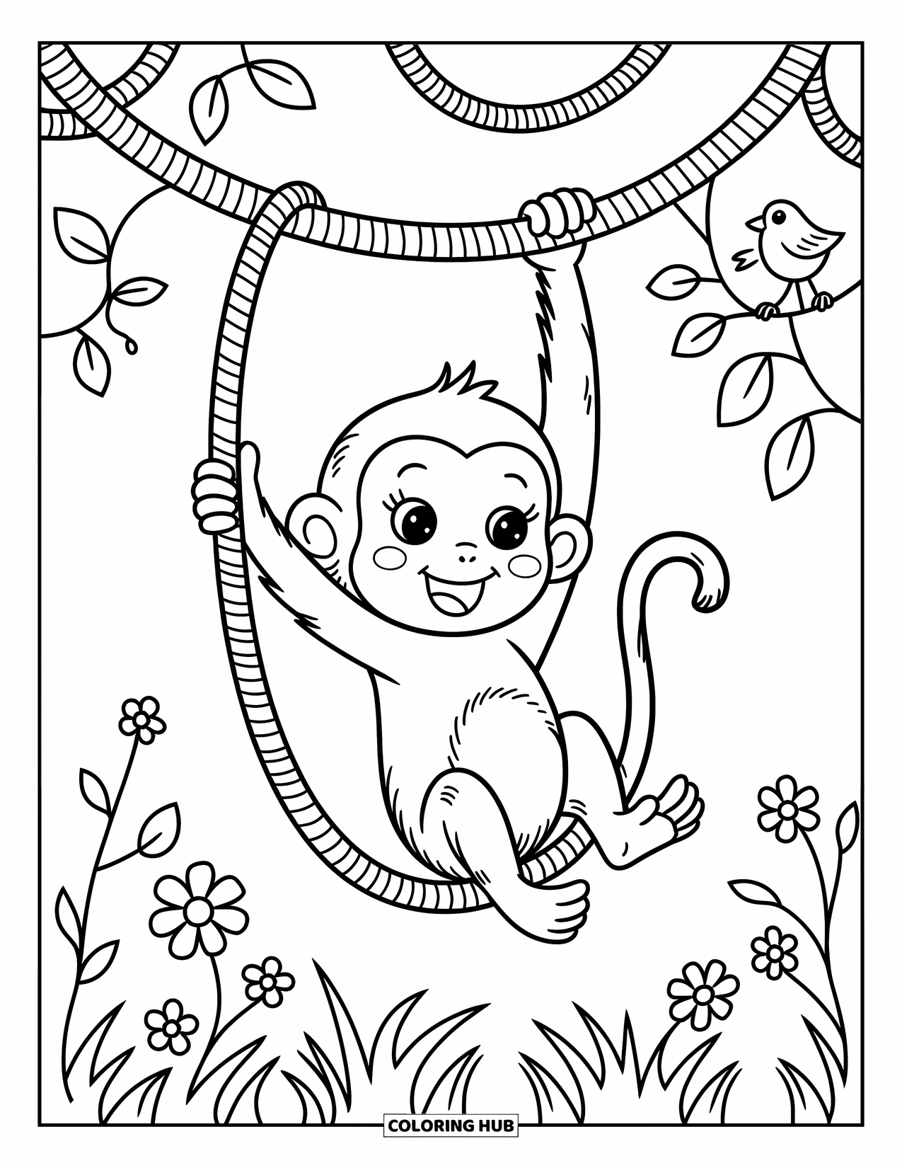 Baby Monkey Coloring Page for Adults: A monkey swings joyfully on a twisty vine with a bird watching nearby