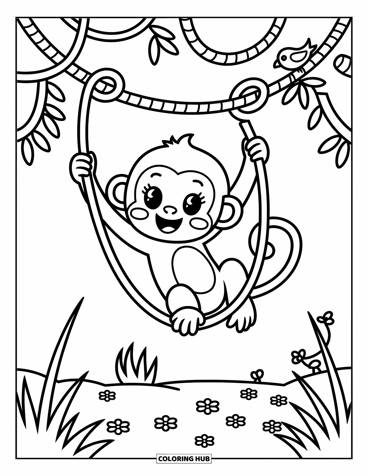 Baby Monkey Coloring Page for Adults: A playful monkey stretches while swinging on a vine with a bird nearby