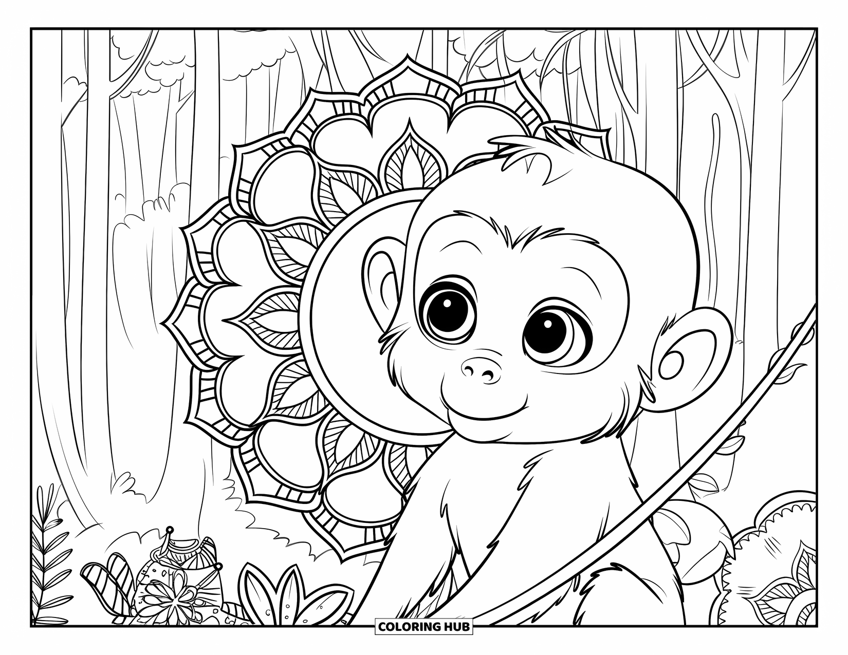 Baby Monkey Coloring Page for Adults: A wide-eyed monkey holds a vine among forest trees and swirling floral mandalas