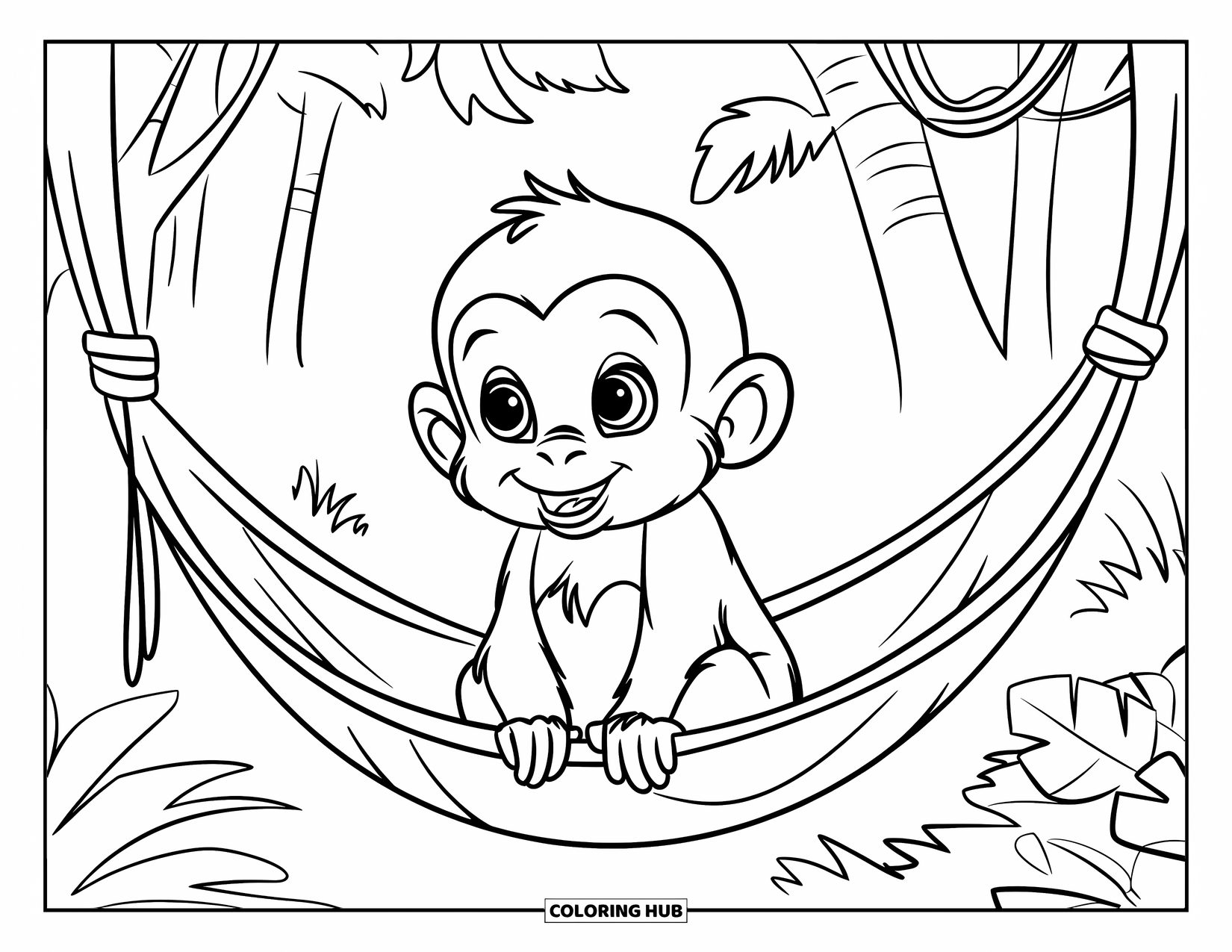 Baby Monkey Coloring Page for Kids: A baby monkey holds onto a vine hammock in a tall jungle