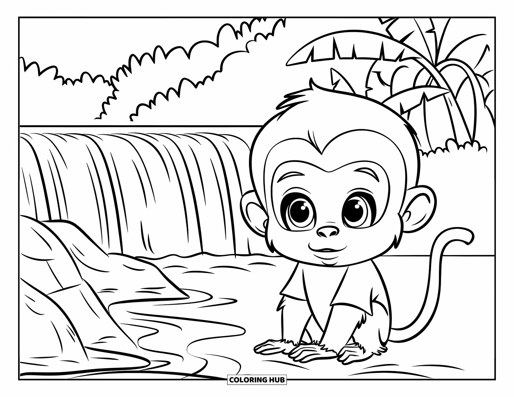 Baby Monkey Coloring Page for Kids: A baby monkey in a shirt sits beside a flowing waterfall and lush banana trees