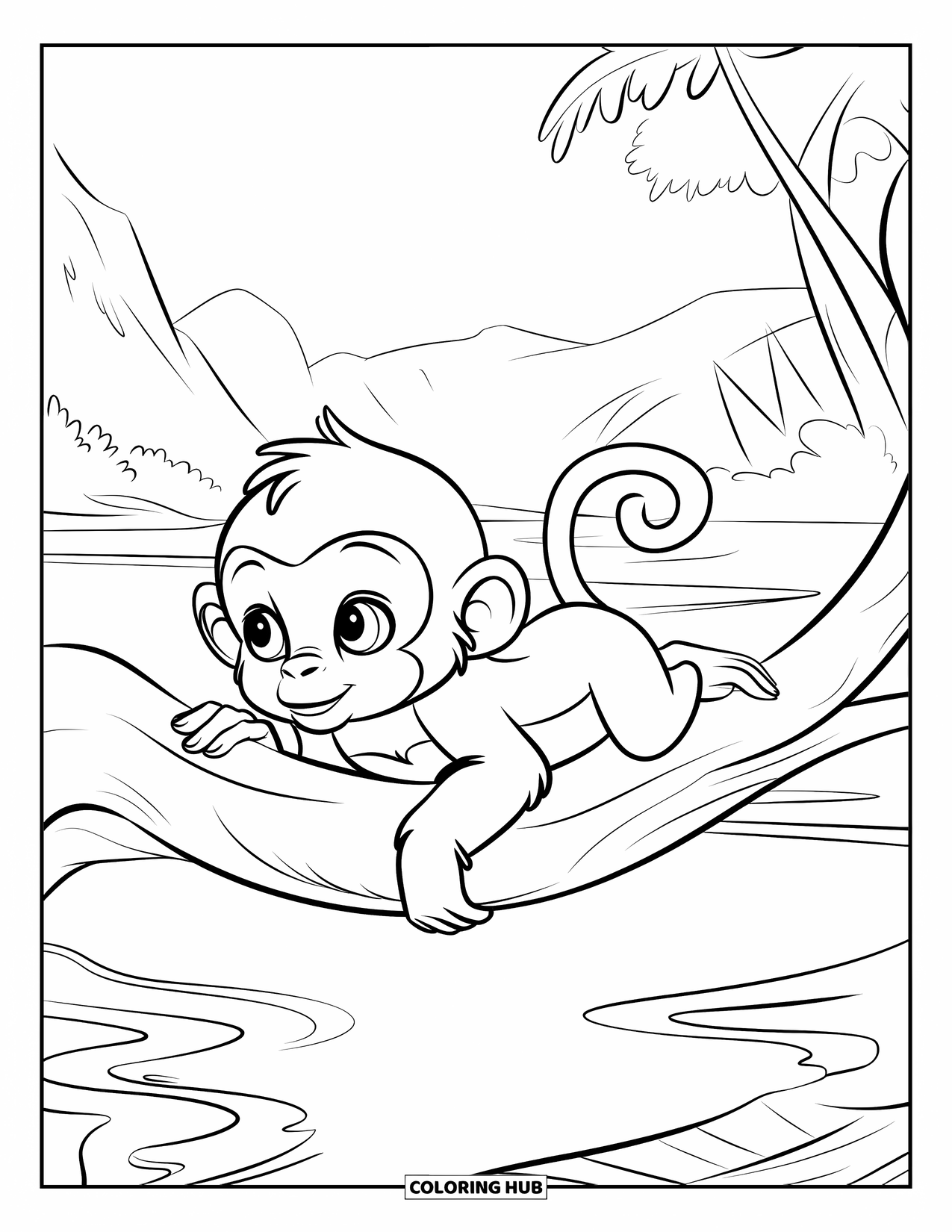 Baby Monkey Coloring Page for Kids: A baby monkey lounges playfully on a tree branch above calm water