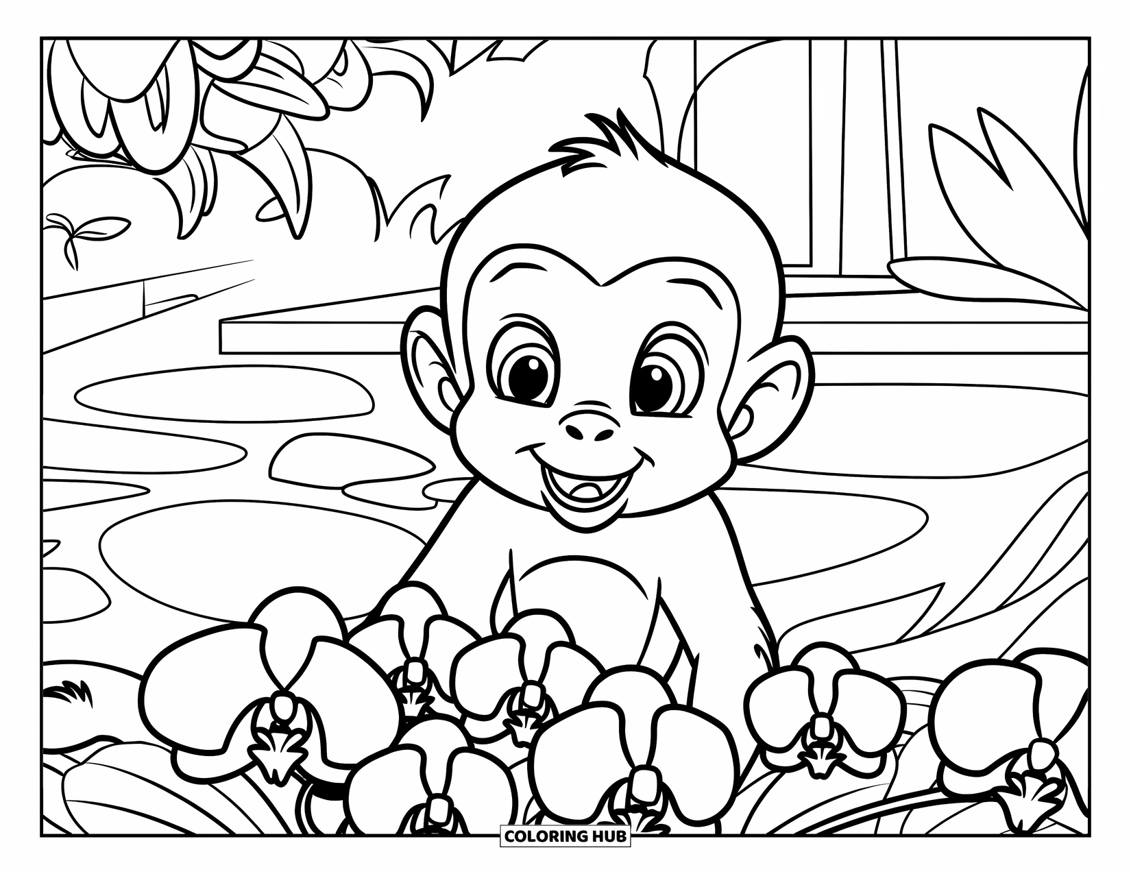 Baby Monkey Coloring Page for Kids: A baby monkey peers through orchids near a stone structure in the forest