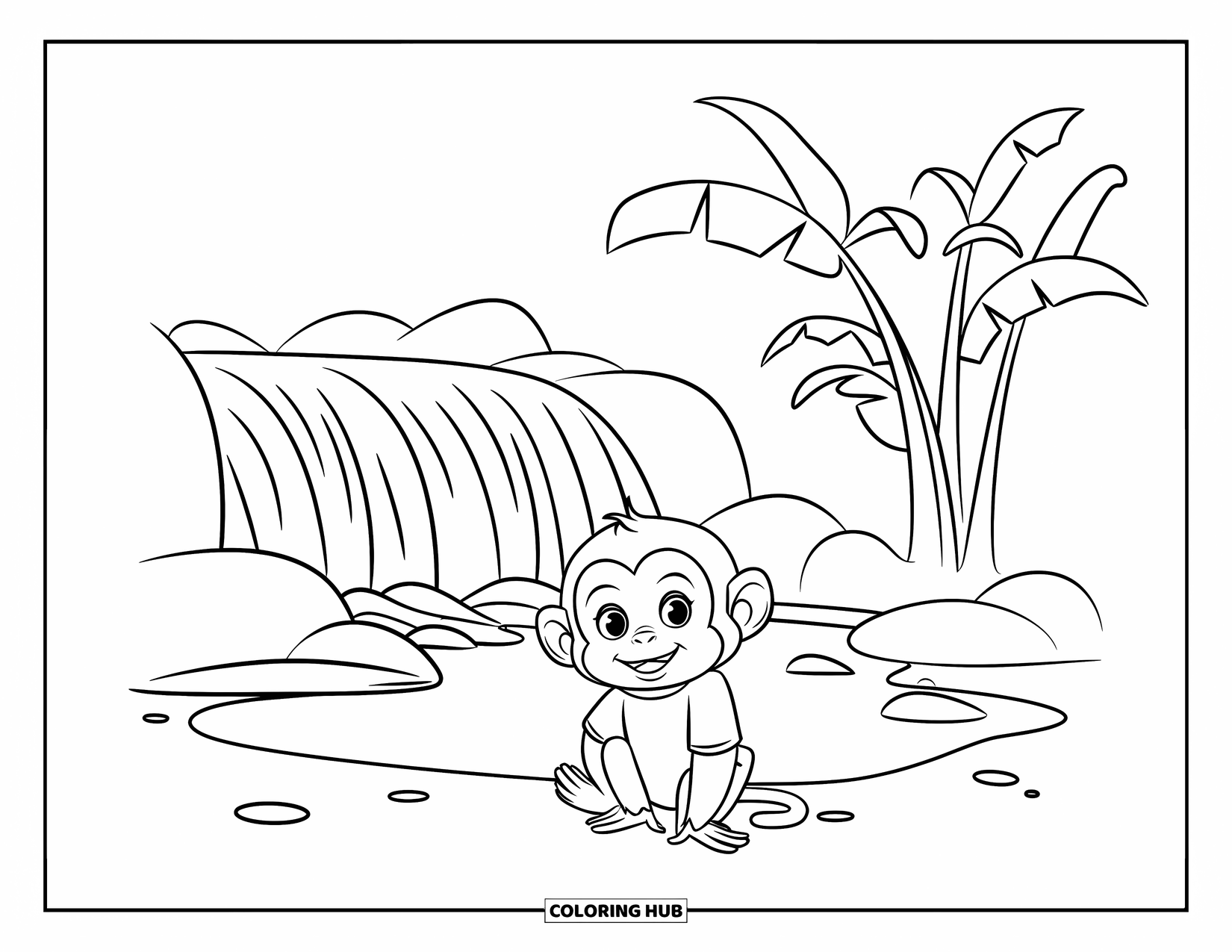 Baby Monkey Coloring Page for Kids: A baby monkey sits near a waterfall with rocks and banana trees around