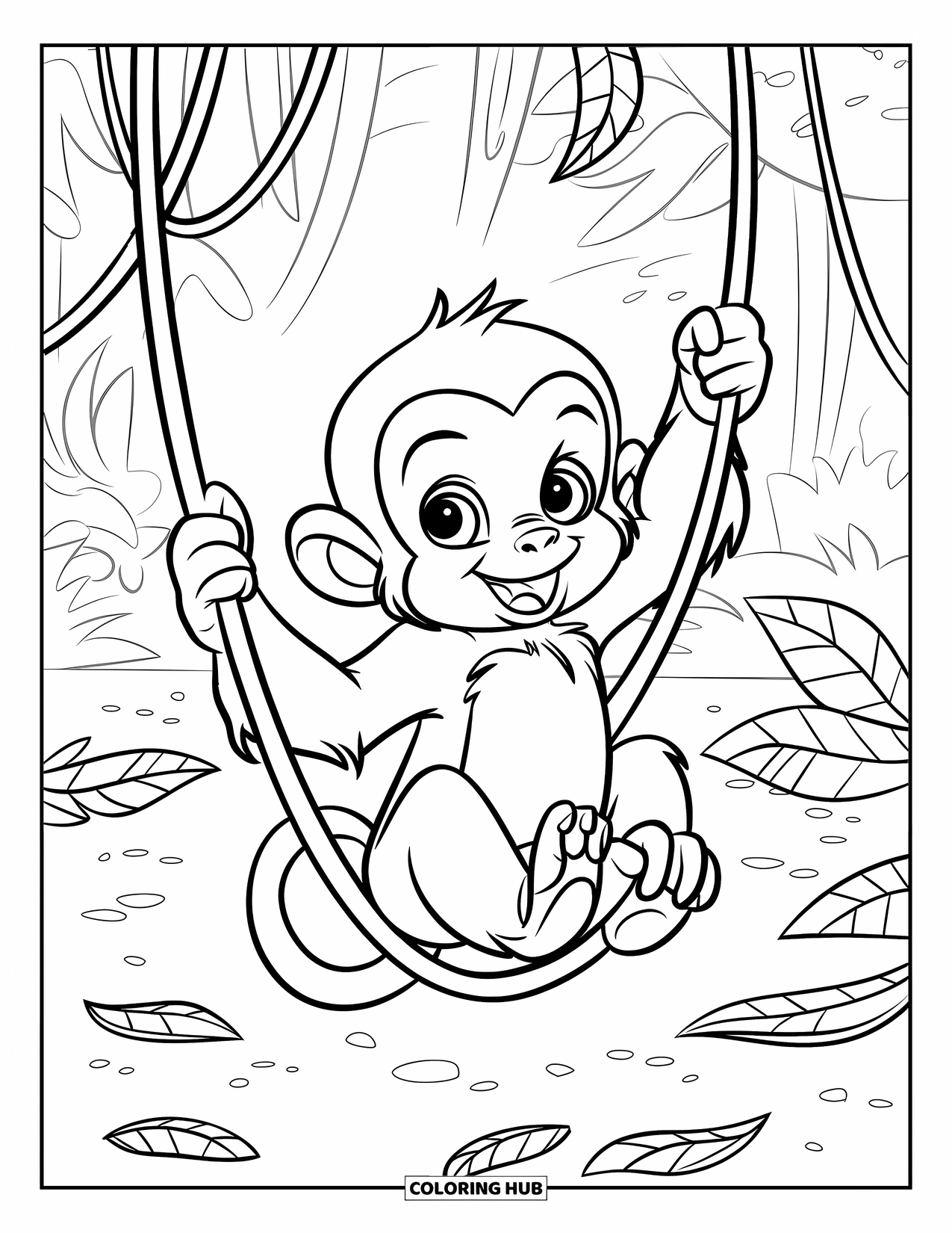 Baby Monkey Coloring Page for Kids: A baby monkey swings on jungle vines with wide eyes and scattered leaves below
