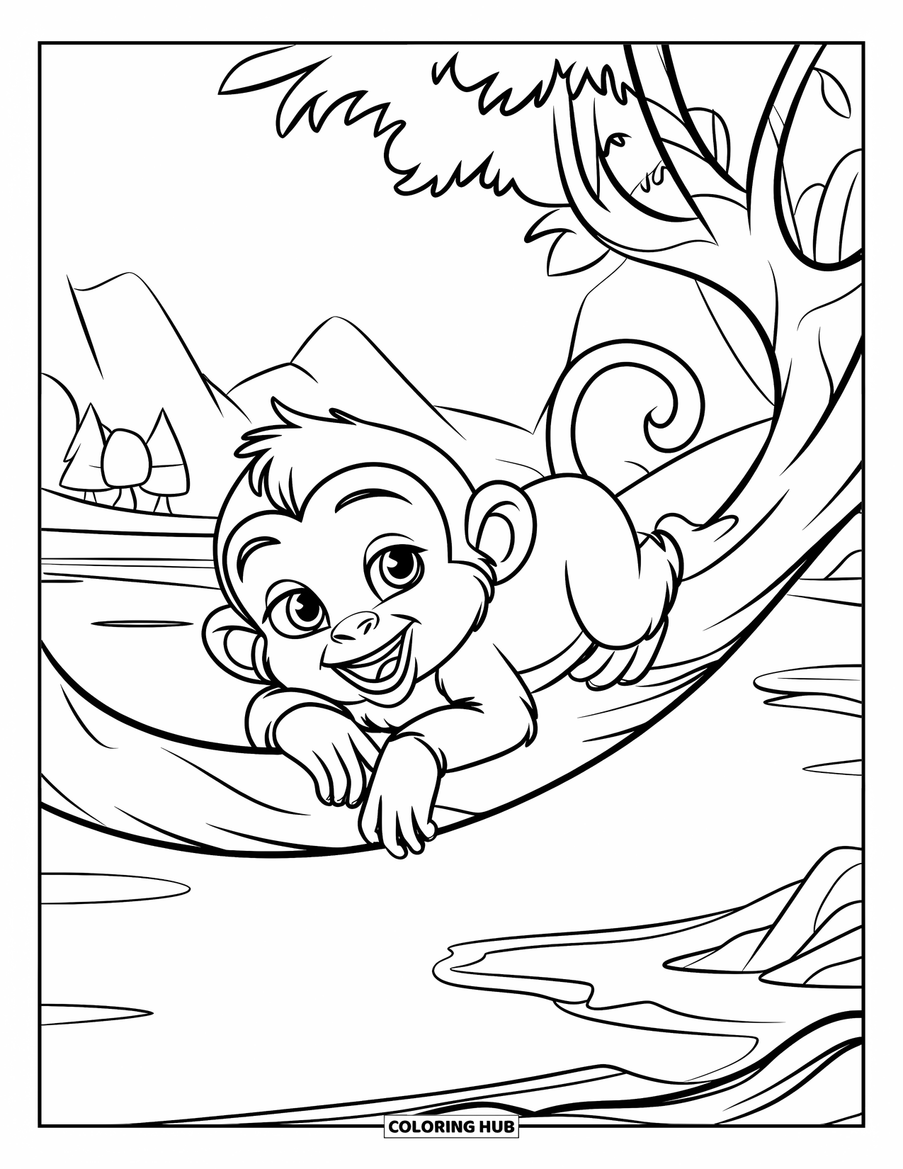 Baby Monkey Coloring Page for Kids: A happy monkey relaxes on a branch over water in a peaceful mountain scene