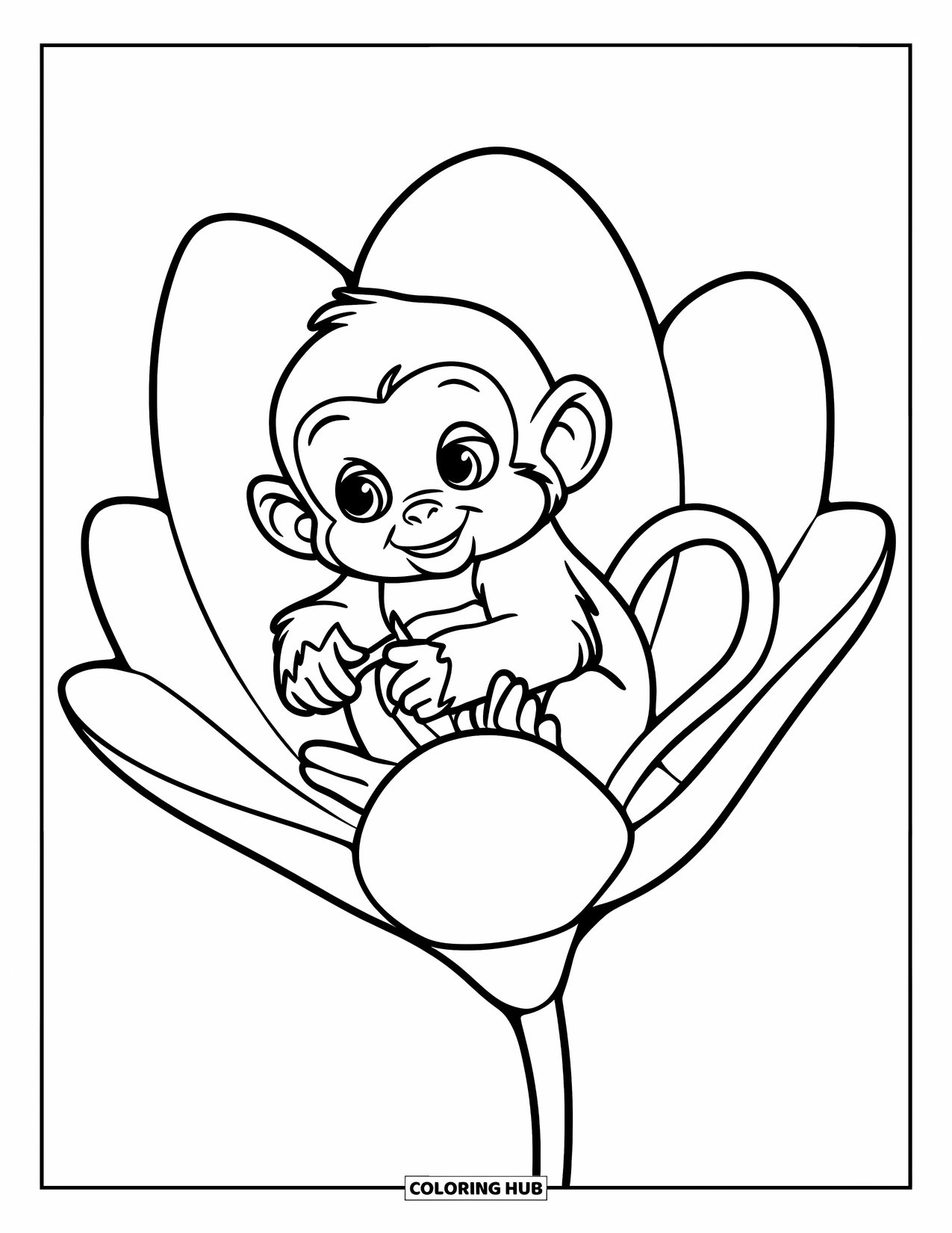 Baby Monkey Coloring Page for Kids: A monkey clings to a giant flower blossom with a peaceful white background