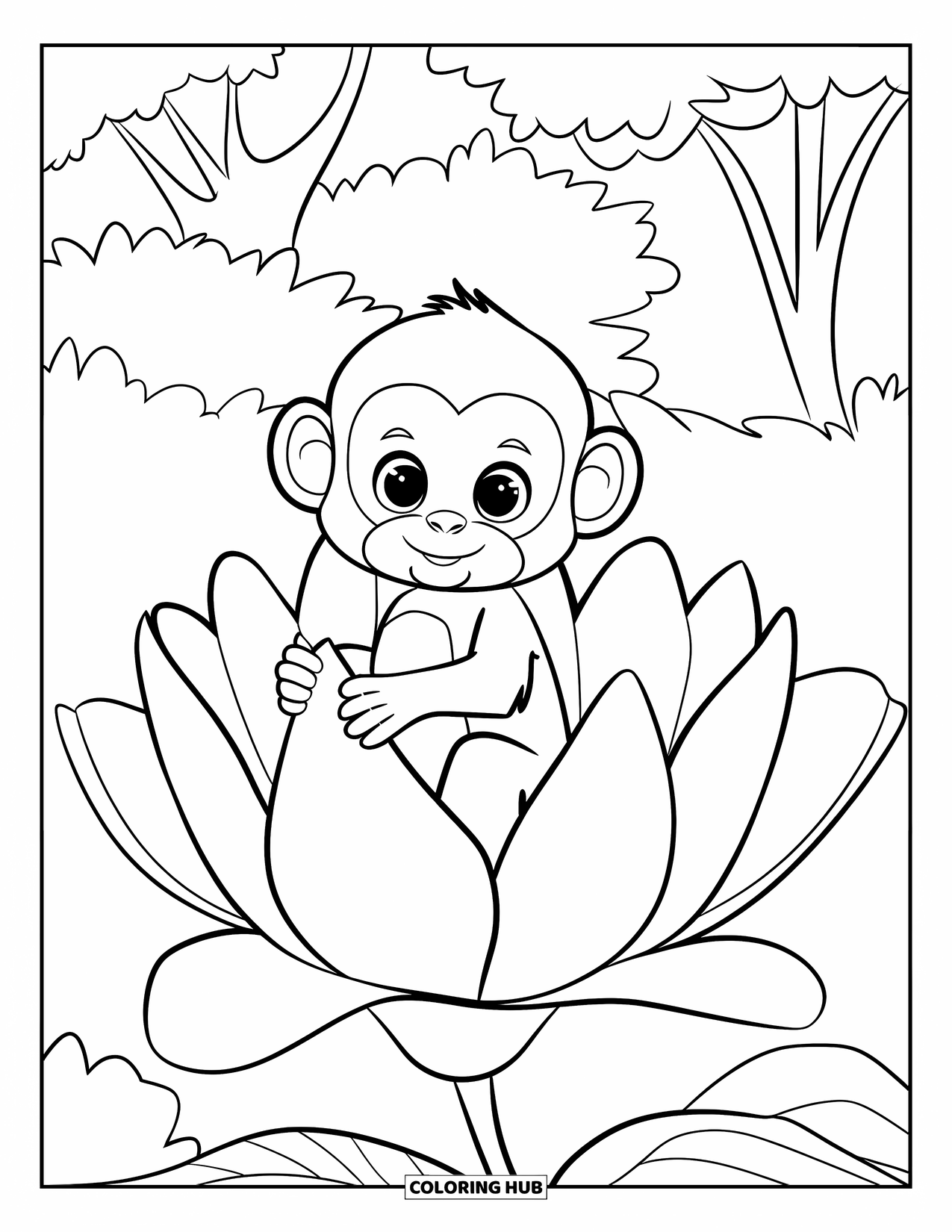Baby Monkey Coloring Page for Kids: A monkey holds onto a large flower while sitting in a green forest