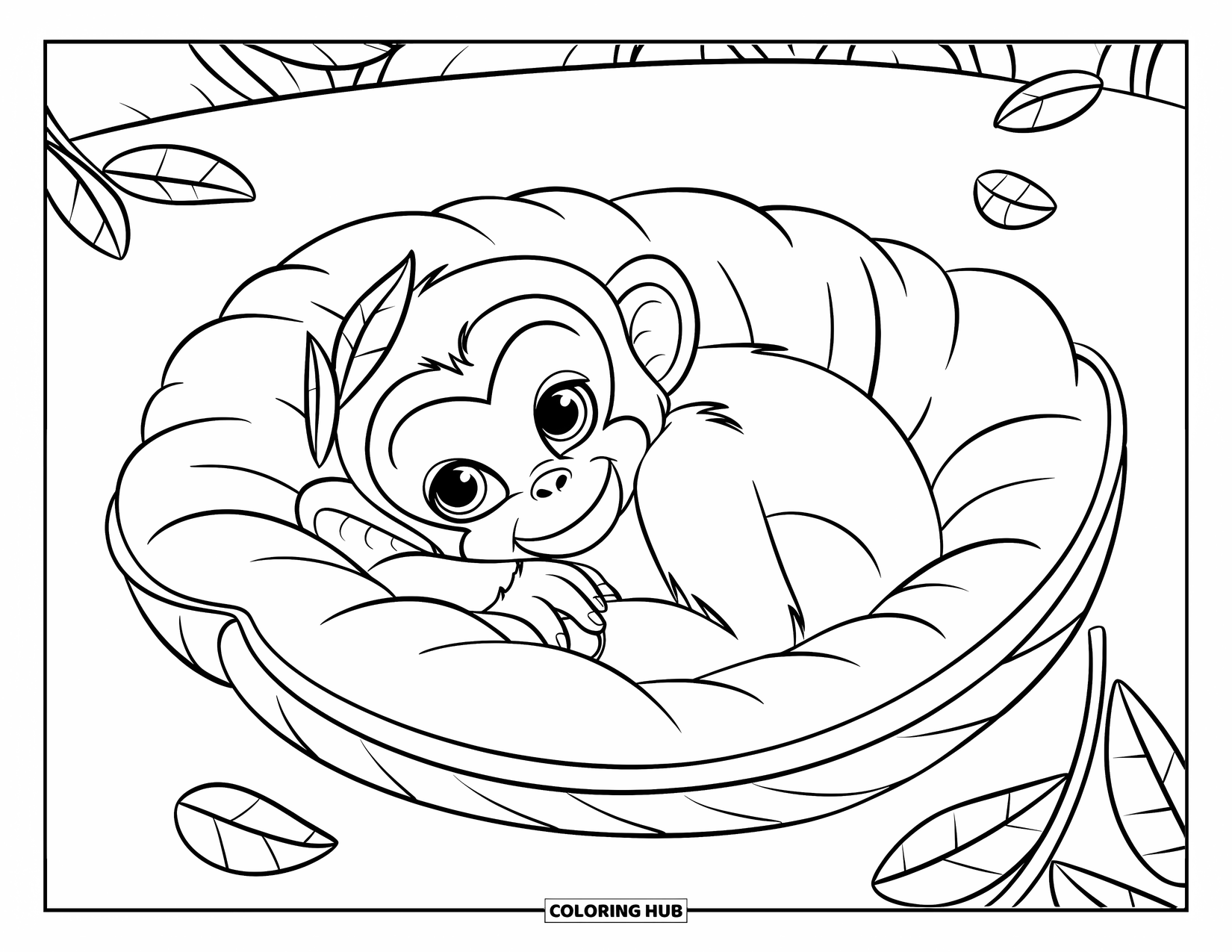Baby Monkey Coloring Page for Kids: A monkey in a leaf hat curls up in a nest of leaves