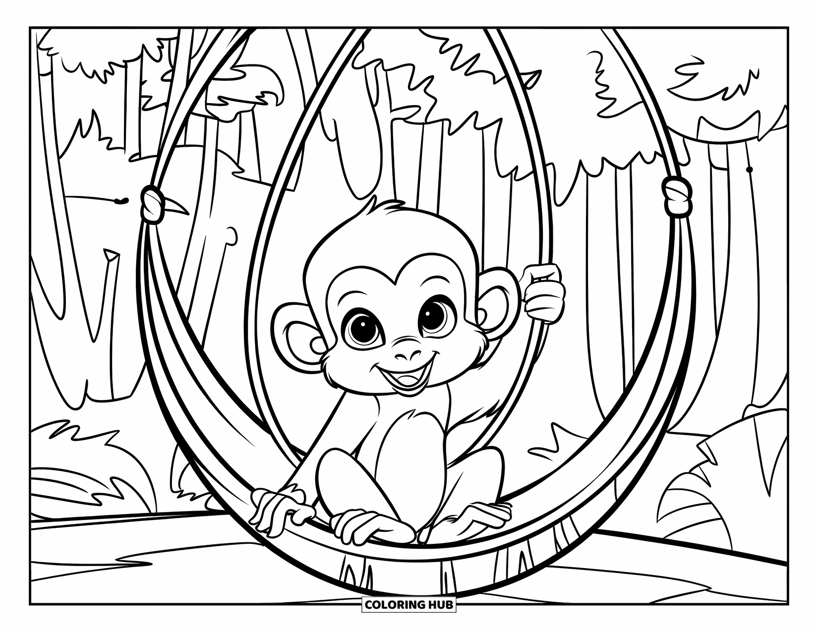 Baby Monkey Coloring Page for Kids: A monkey sits in a hanging vine hammock between jungle trees with bold outlines