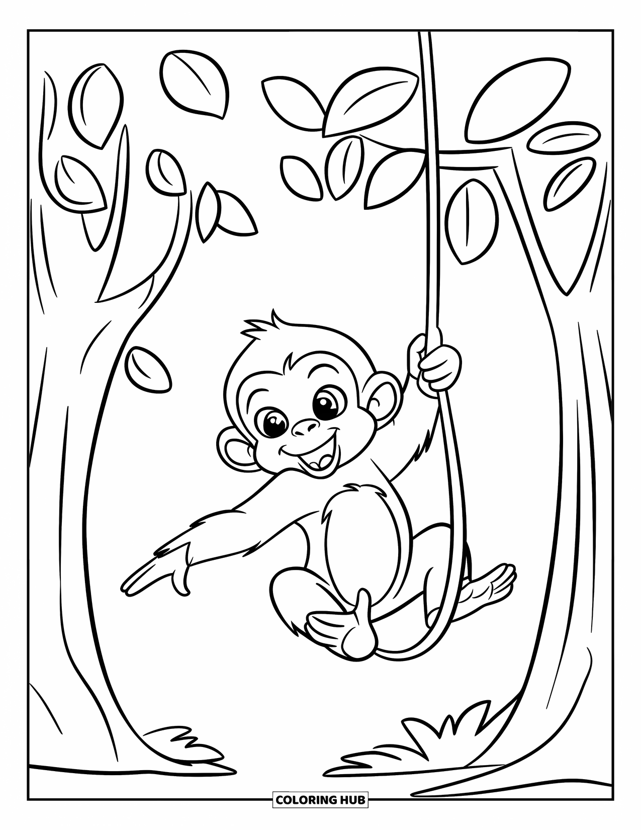 Baby Monkey Coloring Page for Kids: A monkey swings mid-air on a vine between two tall trees