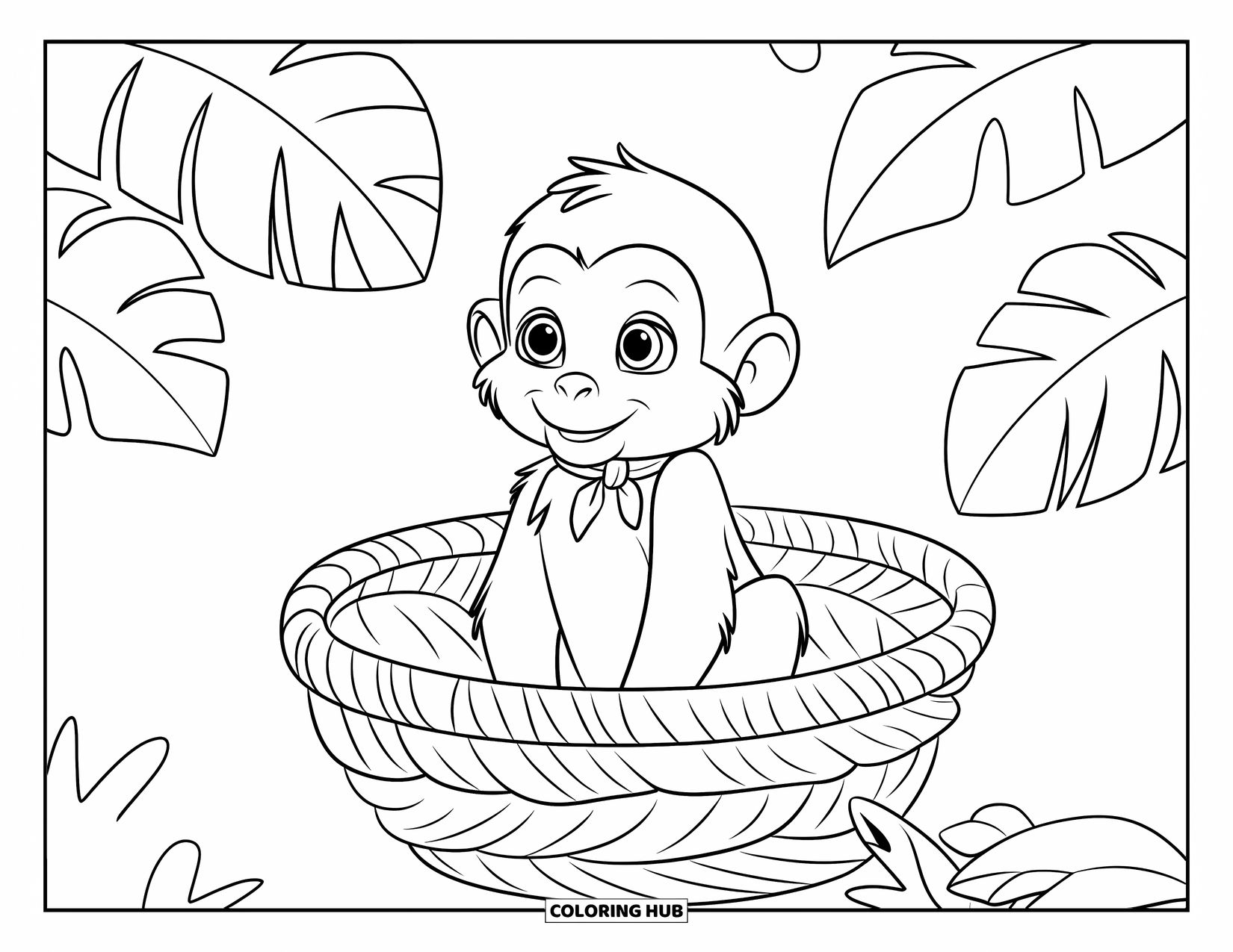 Baby Monkey Coloring Page for Kids: A monkey with a scarf relaxes in a basket among tropical leaves