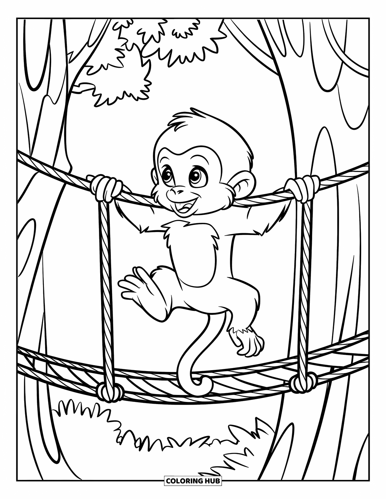 Baby Monkey Coloring Page for Kids: A playful monkey hangs from a rope bridge surrounded by leafy jungle trees