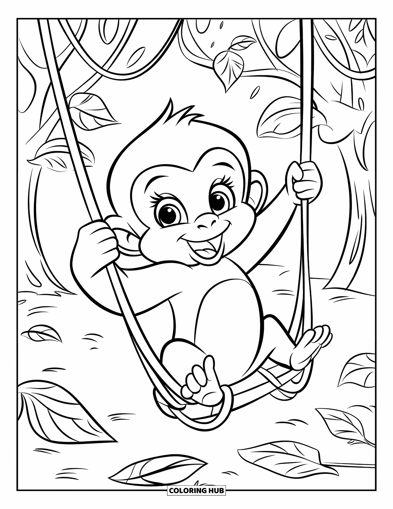 Baby Monkey Coloring Page for Kids: A smiling monkey swings through leafy jungle trees with big, happy eyes