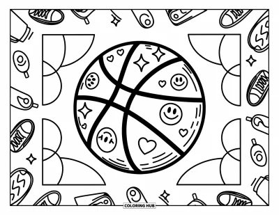 Coloriage de balle pour adultes : Un ballon de basketball avec des étoiles souriantes, des étincelles et de petites baskets au centre du terrain