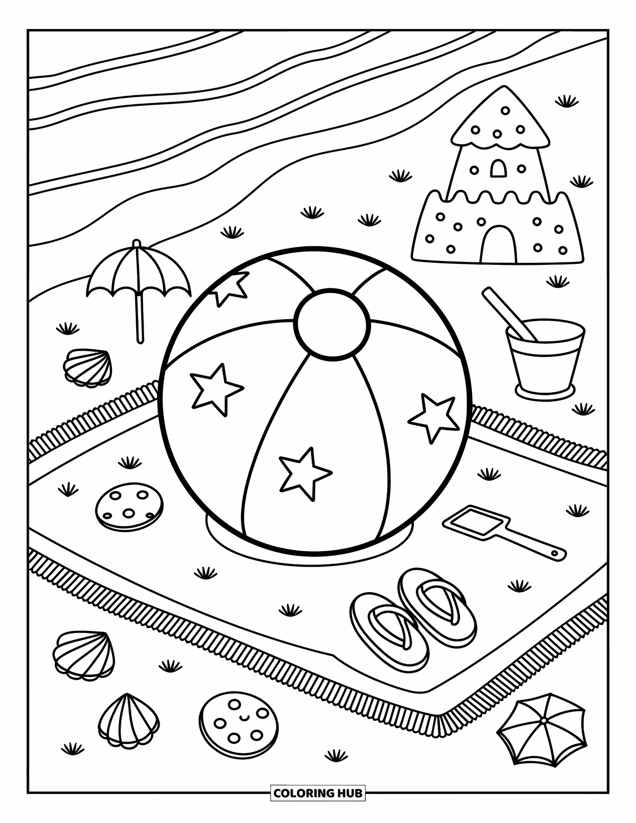 Ball Coloring Page for Adults: A beach ball lies near seashells and a sandcastle in a breezy summer setup