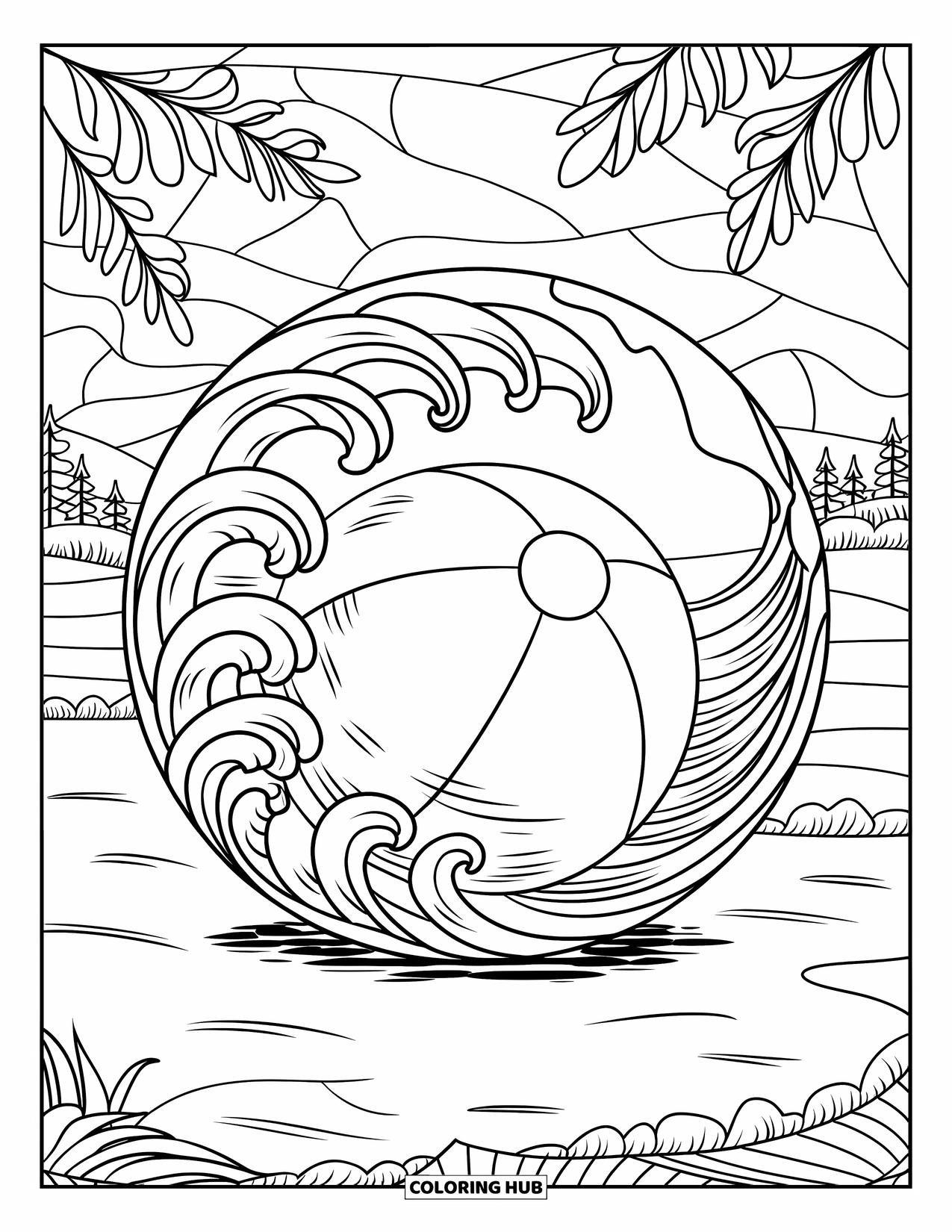 Ball Coloring Page for Adults: A beach ball on sandy ground is framed by floral stained glass patterns