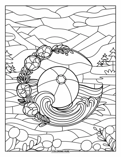 Coloriage de balle pour adultes : Un ballon de plage aux vagues tourbillonnantes est enchâssé dans un cadre de vitrail fleuri
