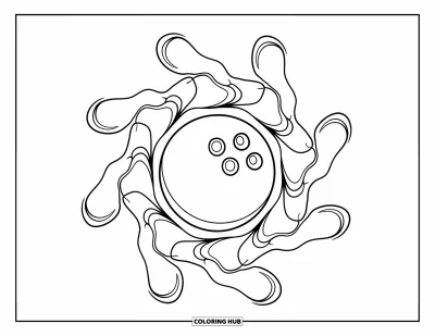 Coloriage de balle pour adultes : Une boule de bowling centrale est entourée de lignes de mandala enroulées dans un style épuré et audacieux