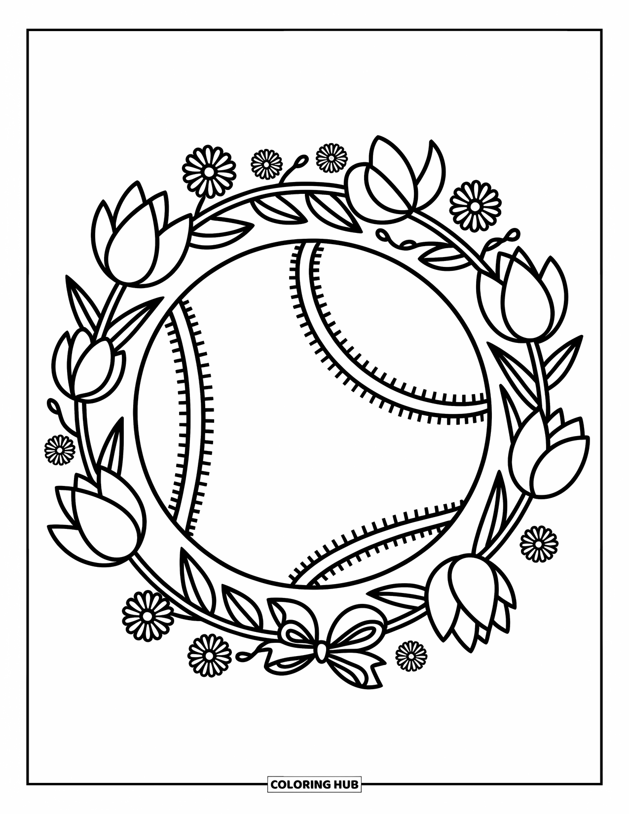 Ball Coloring Page for Adults: A charming floral wreath wraps around a tennis ball with stitch lines and ribbon