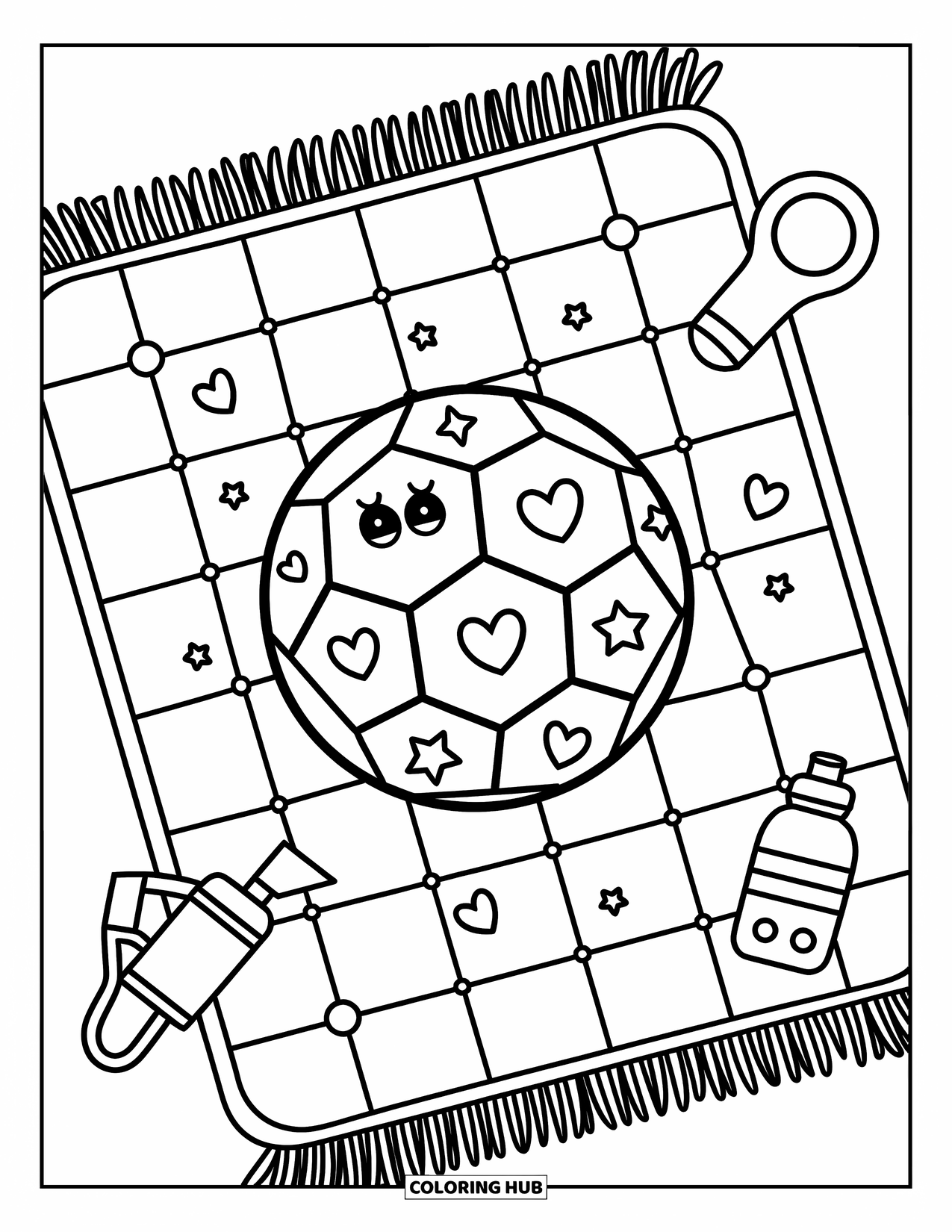 Ball Coloring Page for Adults: A cozy soccer ball and checkered mat scene with playful mini sports accessories