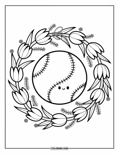 Coloriage de balle pour adultes : Une scène apaisante avec une balle de tennis, une couronne fleurie, un ruban et de belles courbes