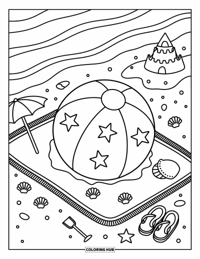 Coloriage de balle pour adultes : Une adorable scène estivale avec un ballon étoilé, des tongs et de petites ombrelles de plage