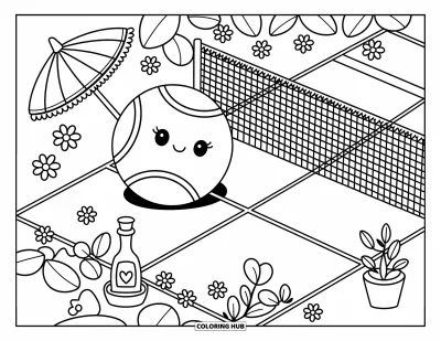 Coloriage de balle pour adultes : Une balle de tennis repose sur un mini court entouré de fleurs et d'accessoires charmants